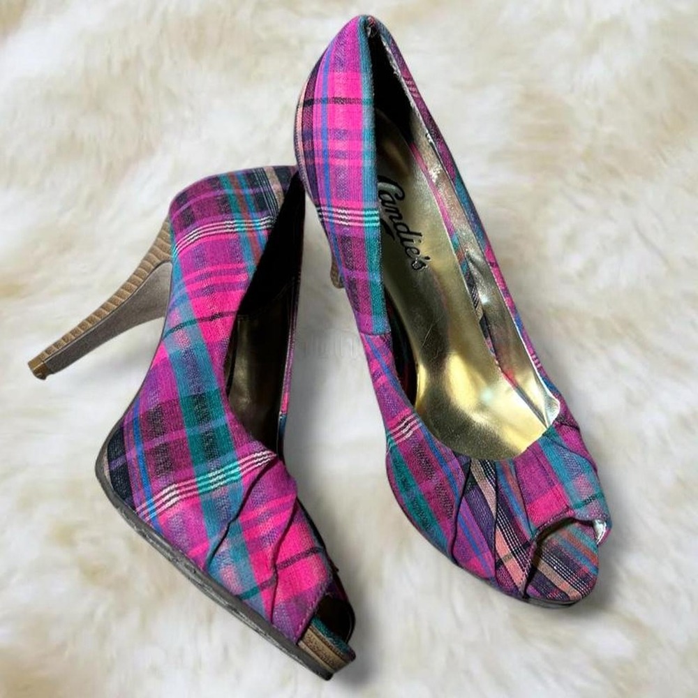 Candie's Y2K Plaid Peep Toe Platform Pumps Pink Multi Size 6.5